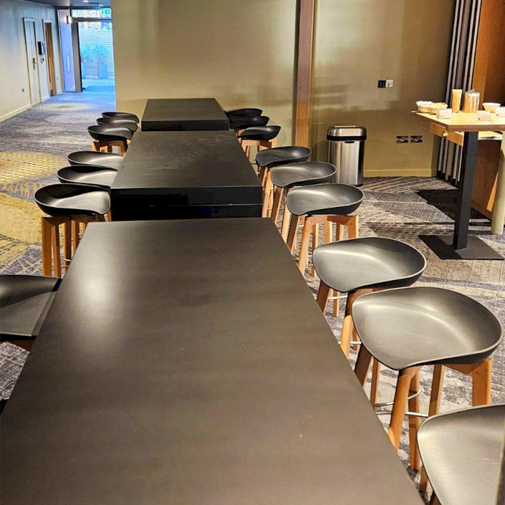 Our tavola tables are simple but effective in any space or environment. Teamed with Esme stools with low back.